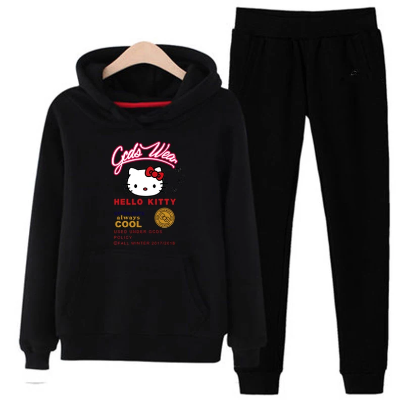 T09 3xl плюс размер hello-kitty 2 шт Женские повседневные спортивные толстовки с капюшоном костюмы толстовка+ спортивные штаны комплект теплая одежда спортивный Спортивный костюм женский