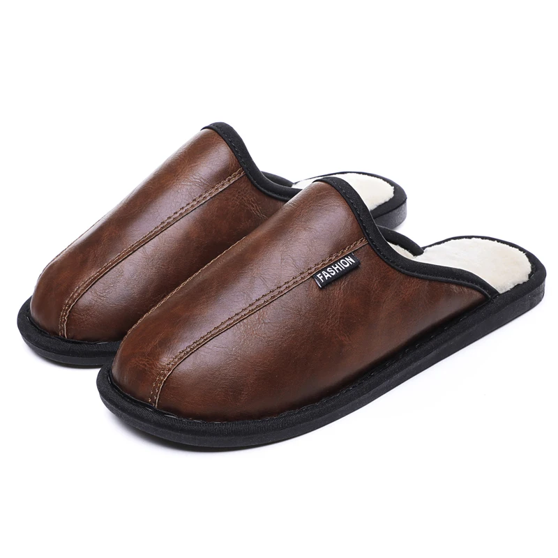 Зимние кожаные хлопковые тапочки для пар мужская обувь большого размера теплые