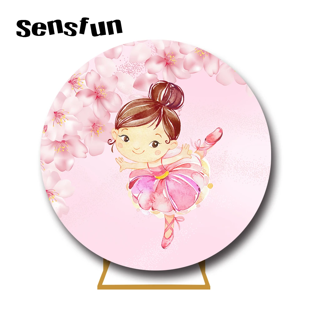 Cartoon Pink Cute Girls Dance Ballerina Round Backdrop Cover Flowers Girls Baby Shower Birthday Party Circle Background Elastic