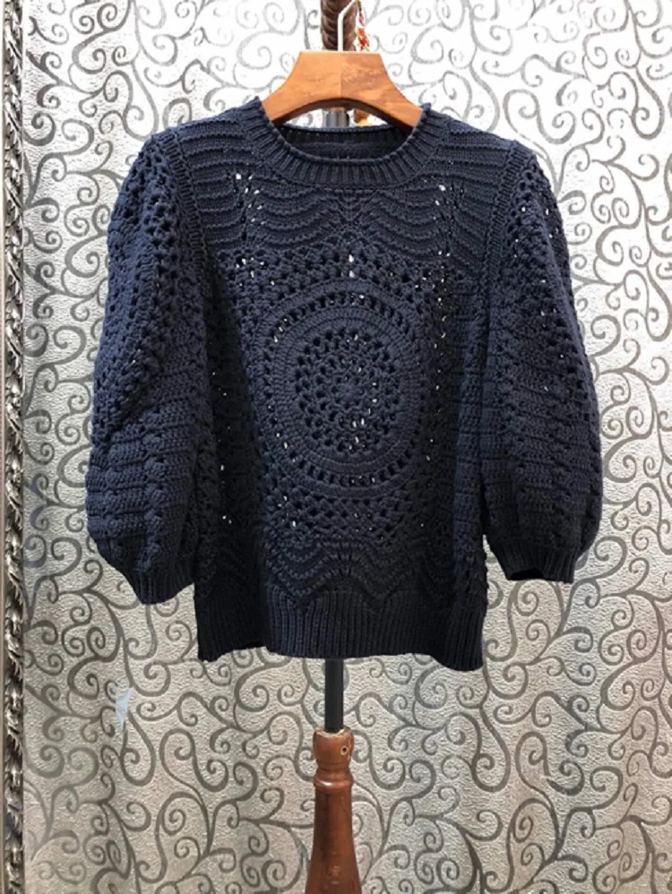 

New Tops Fashion Sweaters 2021 Spring Summer Autumn Pullovers Women Crochet Knitting Long Sleeve Casual Loose Tops Blue Jumper