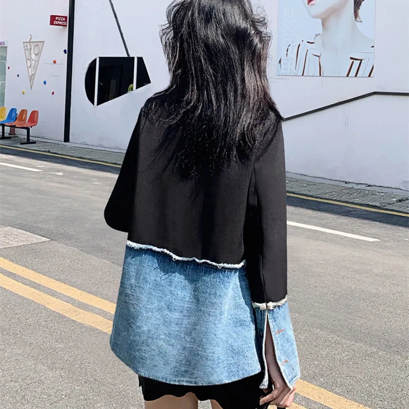 

Blazer Women 2020New Autumn Korean Loose Fashion Denim Stitching Blazer Coat Female Spring Loose Jacket NS2342