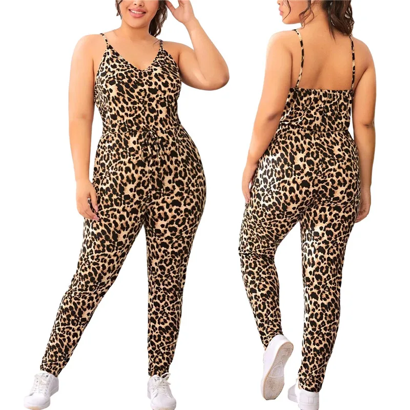 

Plus Size Womenâ€™s Fashion Leopard One-piece Jumpsuit Sleeveless V-neck Elastic Waist Long Pants Sling Bodysuit For Summer