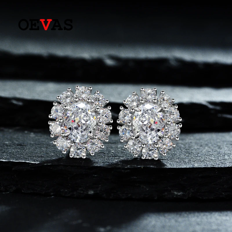 

OEVAS 100% 925 Sterling Silver 7*9mm Oval High Carbon Diamond Stud Earrings For Women Sparkling Wedding Party Fine Jewelry Gifts