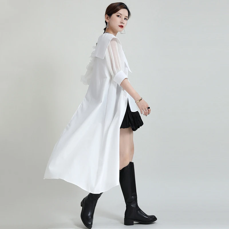 

[EAM] Women Green Pleated Ruffles Big Size Long Blouse New Lapel Half Sleeve Loose Fit Shirt Fashion Spring Summer 2021 1DD8929