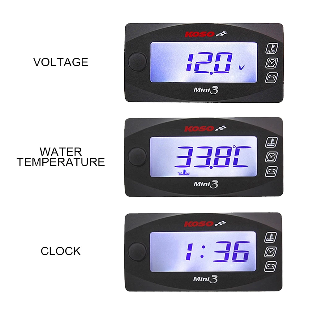 

Вольтметр KOSO для мотоцикла, светодиодный дисплей, 3 в 1 метр (температура воды + время + Вольт), аксессуары для скутера и велосипеда