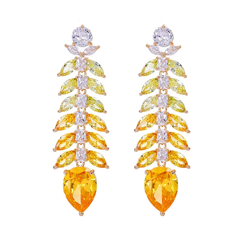 Colorful Cubic Zirconia Leaves Pendant Earrings for Women Luxury Jewelry Female Fashioin Feather Dangle Earrings