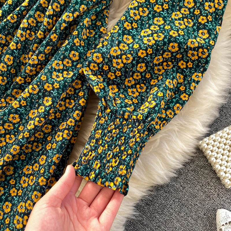 

Foamlina Women Casual Autumn Winter Floral Dress Korean Vintage Lace Splicing Turn-down Collar Long Sleeve French Sweet Elegant