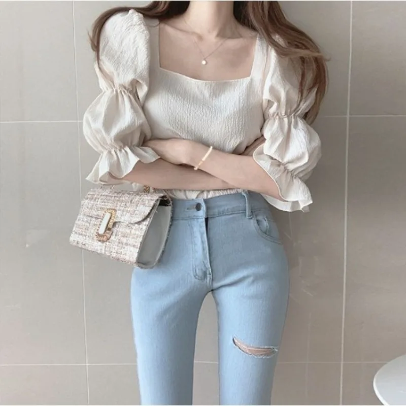Women Summer Sexy Shirt Sweet All-match Exposed Clavicle Tops Square Collar Lantern Sleeve Shirts Ladies Short Sleeve Blouse semir short sleeve shirt women 2020 summer korean style v neck cotton blouse sweet ladies tops