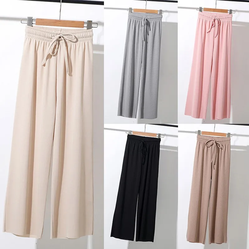 

High Waist Ice Silk Wide Leg Pants Women Elastic Waist Loose Trousers Autumn Korean Style Wild Casual Long Pants