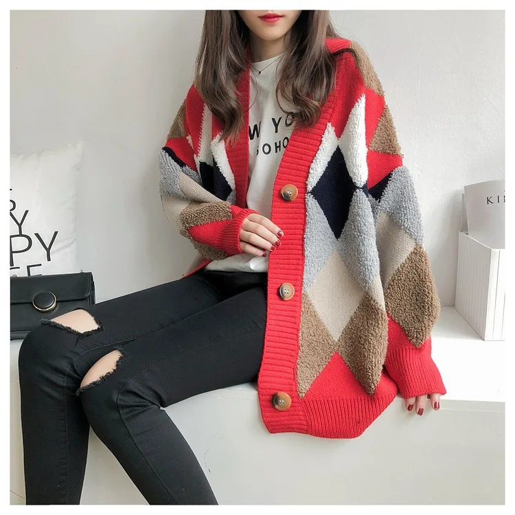 

Women's Sweaters Autumn Winter fashionable Casual Plaid V-Neck Cardigans Single Breasted Puff Sleeve Loose