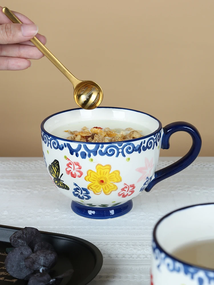 

Ceramic Breakfast Milk Oat Mug 500ml Large Capacity Brief Coffee Cup Household Retro Teacup Hand-painted Butterfly Love