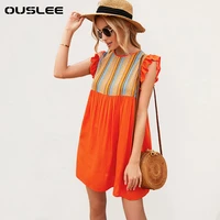 ouslee summer women fashion vintage casual loose o neck butterfly sleeveless mini dresses short sleeve female beach dresses