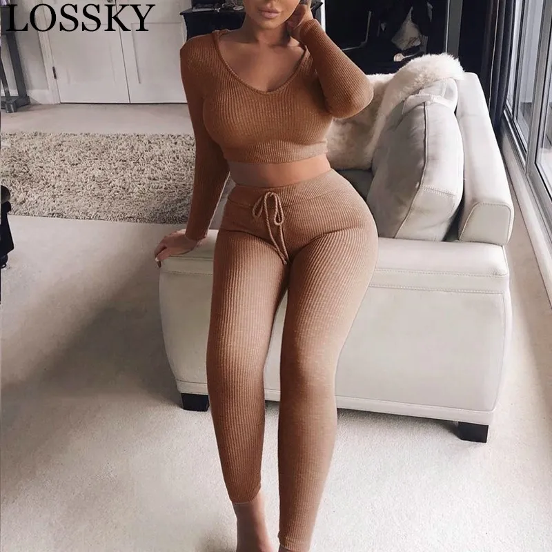 

Women Sexy Knitted Long Sleeve Crop Top Pants Trousers Two Pieces Set V Neck Bodycon Stretch Outfits 2pcs Black Tracksuit Sets