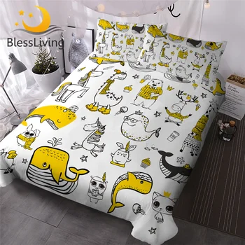 BlessLiving Kids Cartoon Bedding Set Hipster Doodle Animal Duvet Cover Cat Dog Dachshund Home Textiles Yellow Whale Bedspreads 1