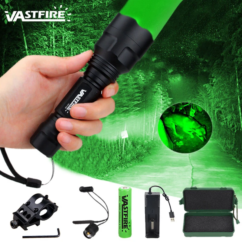 200 Yards C8 White LED Tactical Hunting Flashlight Rifle Gun Light Lantern+Pressure Switch+Rail Barrel Mount+18650+Charger+Box