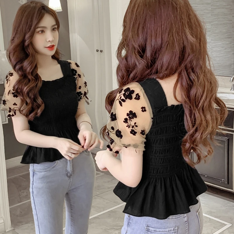 Summer Puff Sleeve Corset Top Blouse Women 2023 Fashion Casual Mesh Patchwork Blusa Mujer Korean Slim Sexy Chiffon Black Blouses images - 6