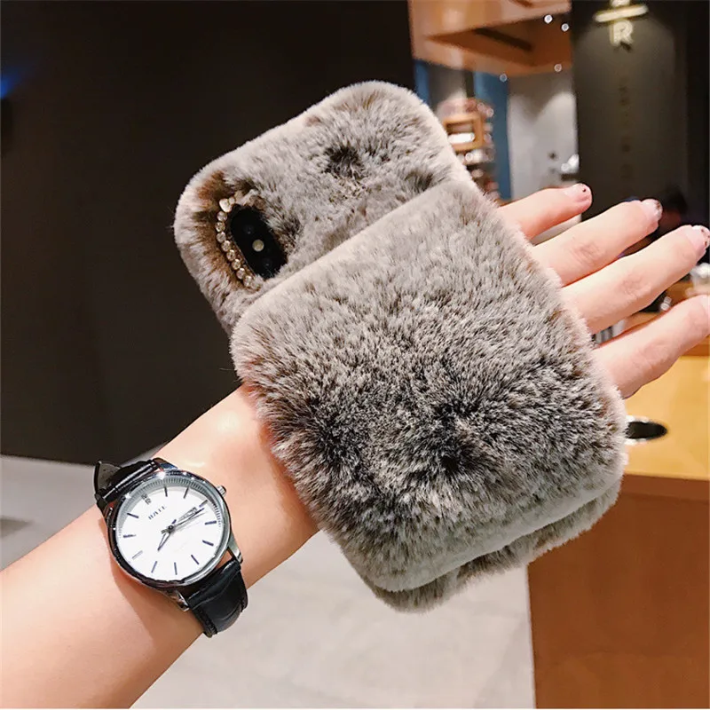 Пушистые Силиконовые чехлы с кроличьим мехом для телефонов iPhone X 8 7 6S Plus Samsung Galaxy S9