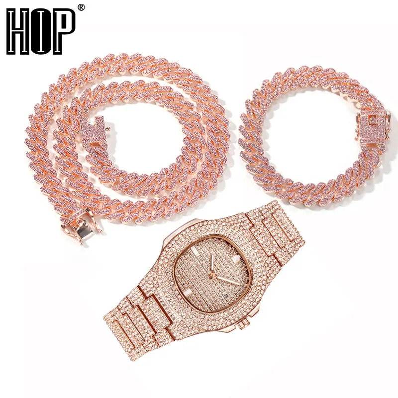

Hip Hop Baguette Watch+Necklaces +Bracelet 12MM Iced Out Paved Pink Rhinestones Miami Prong Cuban Chain For Women Men Jewelry