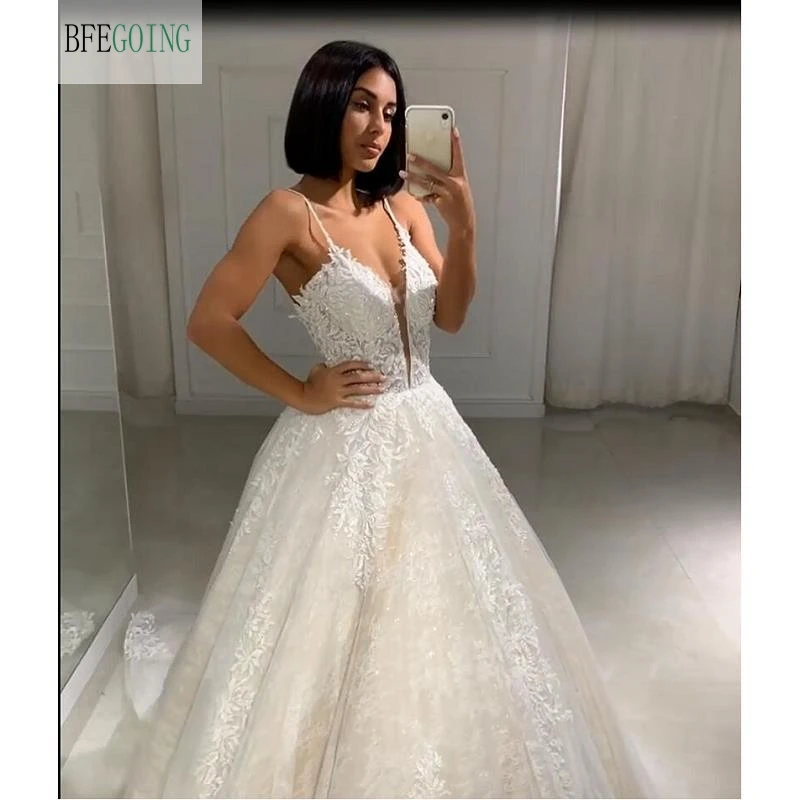 

White Lace Appliques Tulle Sleeveless V-Neck Floor-Length A-Line Wedding Dress Chapel Train Custom Made