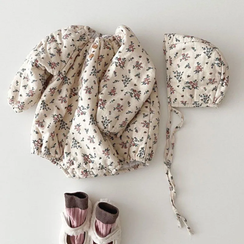 

Baby girl clothes newborn romper autumn and winter retro floral quilted romper boys and girls one-piece cotton coat + hat