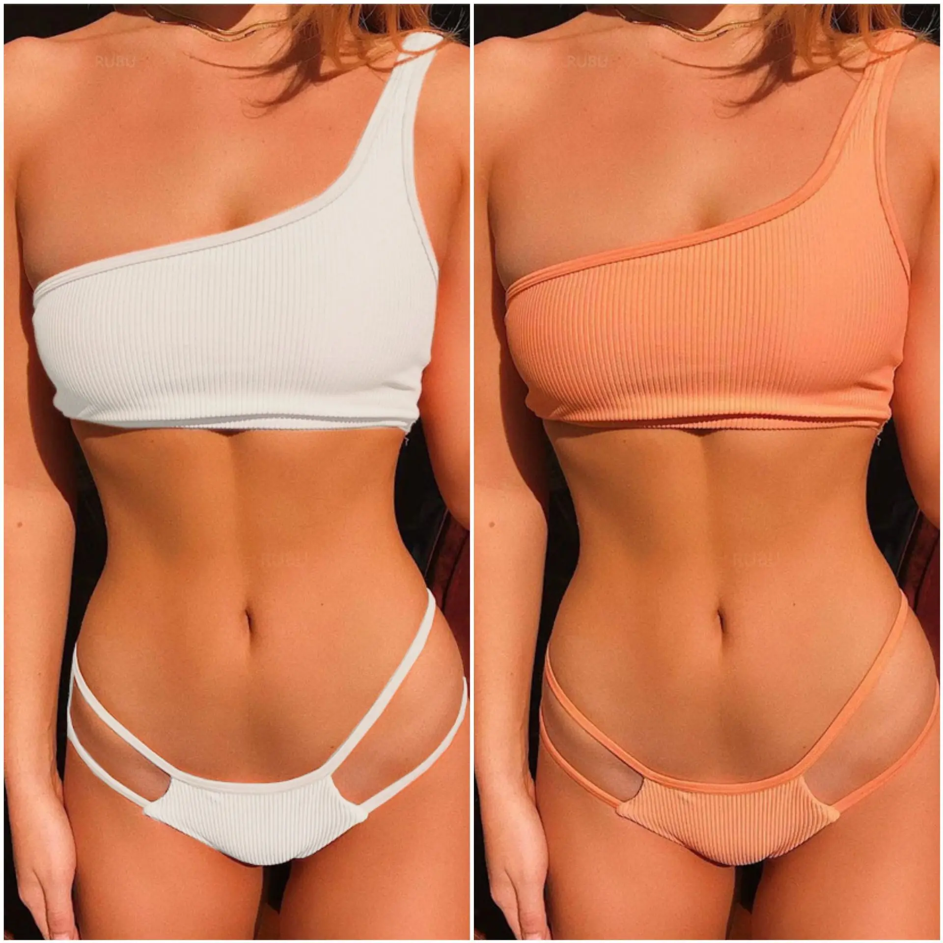 

Swimsuit ladies one-shoulder bandage split swimsuit solid color bikini sexy two-piece beach suit women swimsuit