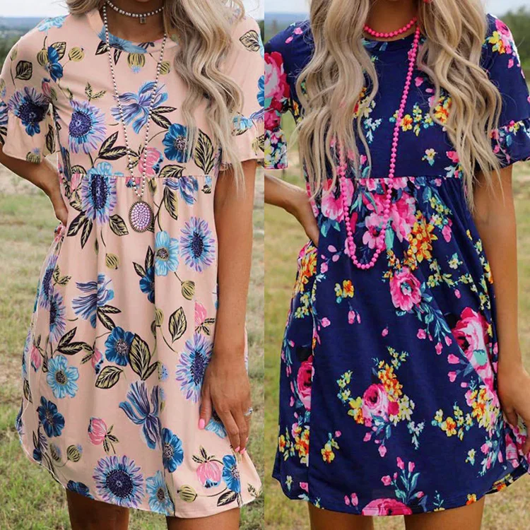 

2021 summer women's European and American floral skirt round neck pullover knee-length dress clothing women