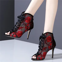 embroider flowers wedding pumps shoes women lace up high heel diamonds gladiator sandals female breathable open toe ankle boots