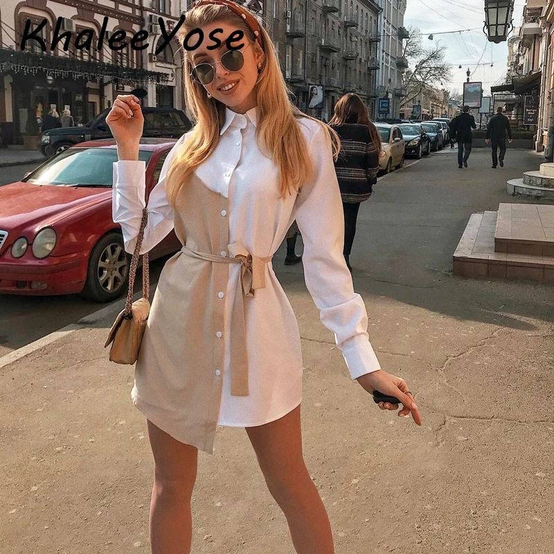 KHALEE YOSE белое черное платье-рубашка осень-весна с длинным рукавом женские