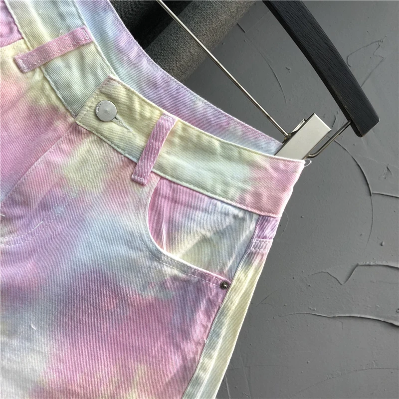 

SHENGPALAE Tie Dyed Denim Shorts Women's Summer 2021 New High Waist Loose A-line Wide Leg Streetwear Short Jeans Female 5E929
