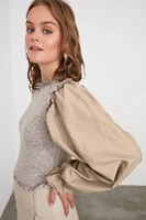 trendyol beige poplin sleeves knitted blouse twoaw21bz1215