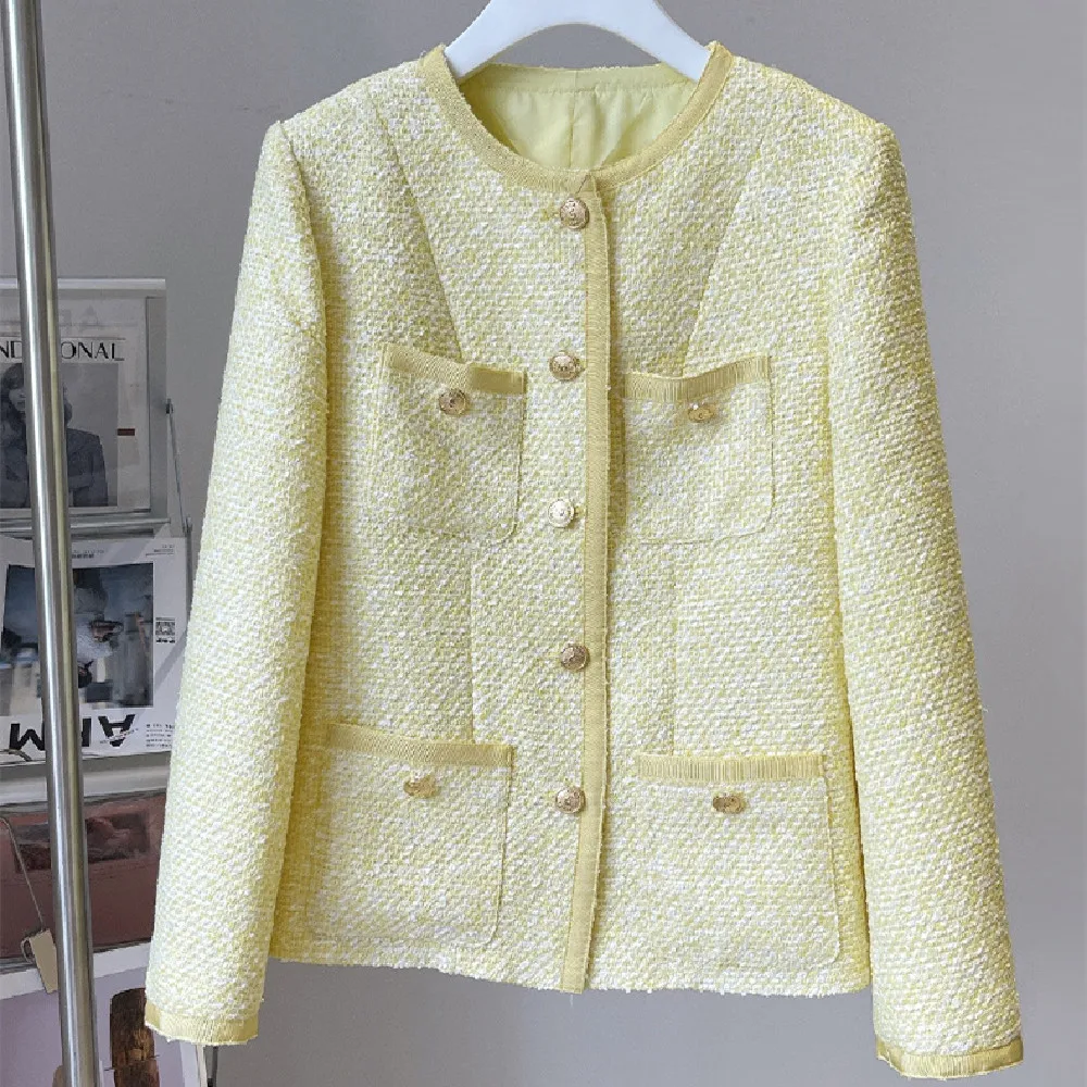 

Spring Autumn New Designer Women's High Quality Yellow tweed jackets France Style Elegant O-neck Coat C374
