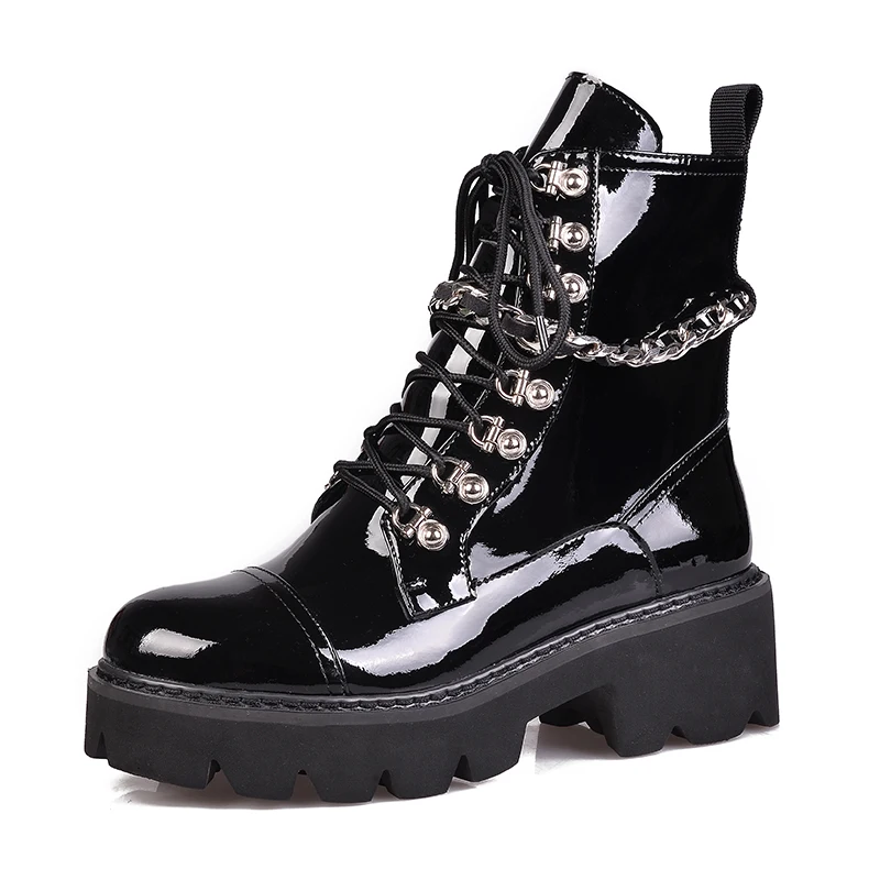 

Rock punk women shoes round toe zipper patent leather med 5cm heel platform cross-tied women Retro party ankle boots