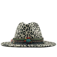 trend unisex flat brim wool felt jazz fedora hats men women leopard grain tassel band decor trilby panama formal hats 58 60cm