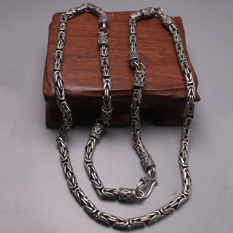 

S925 Sterling Silver Necklace Women Men Luck Byzantine Chain Necklace 5mmW 25.6inch 62-63g