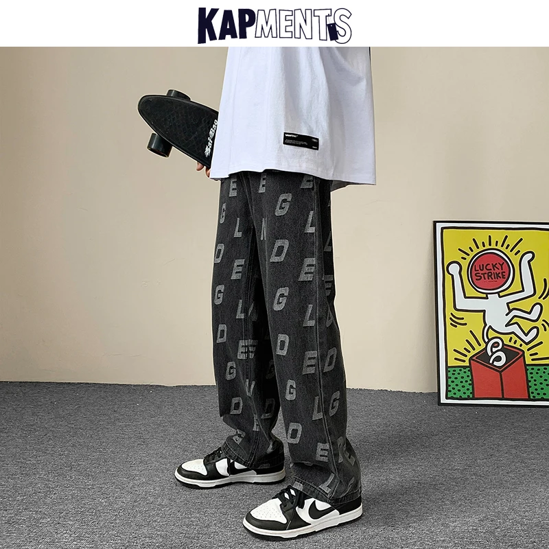 

KAPMENTS Men Printed Baggy Y2k Jeans Pants 2022 Mens Letter Japanese Streetwear Denim Trousers Male Causal Vintage Jeans Joggers