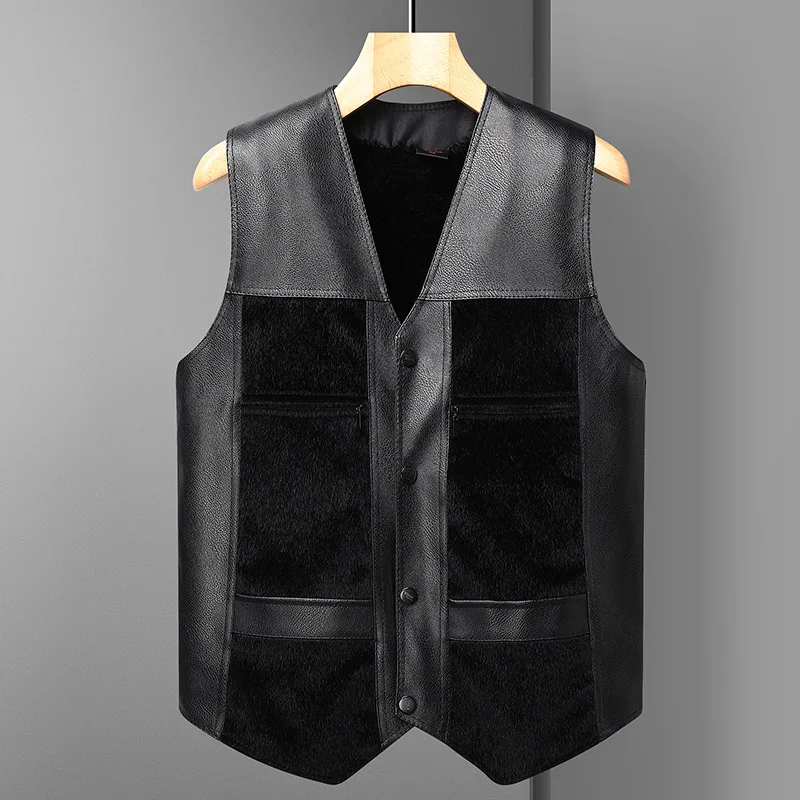 

2021 New Men's Fleece-Lined Thickened Leather Waistcoat Casual Warm PU Leather Vest