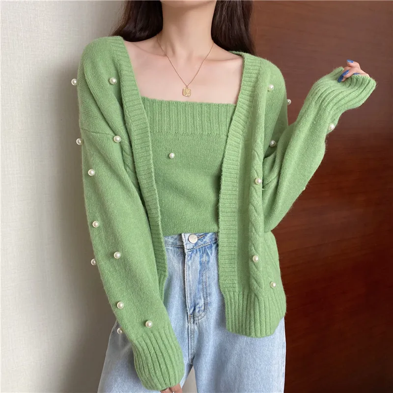 

415 Chic Pearl Sweater Winter Fall Two-Piece Knit Twist Cardigan And Sling Tube Top V-Neck Fashion Purple Female Korean Coat New