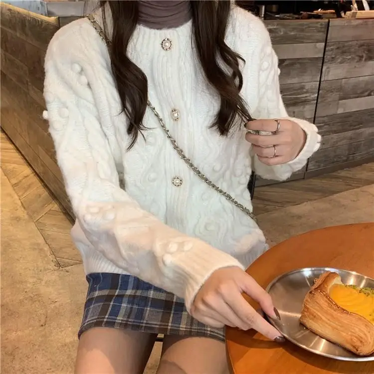 Women Twist Ball Thick Knit Cardigan Cardigans Autumn Preppy Style Beading Pearl Knitwear Sweater |