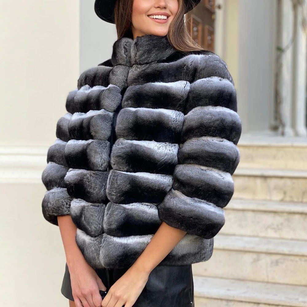 Winter Women Real Fur Coats 2022 New Natural Chinchilla Color Full Pelt Genuine Rex Rabbit Fur Jacket Stand Collar Fur Overcoats