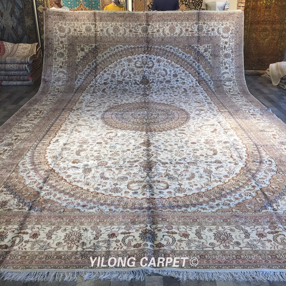 Koop Yilong 12 'X 18' Vantage Oosterse Zijden Kleed Grote Antieke Medaillon Perzische Zijden Tapijt (WY295C)