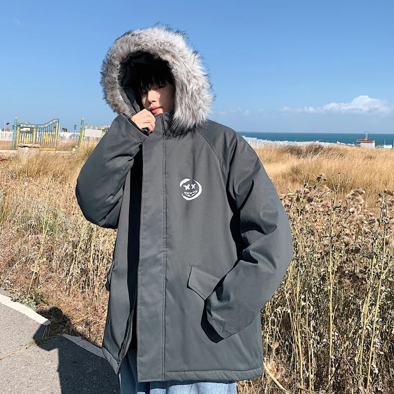 

2020 Winter Jacket Mens Fur Warm Jacket Smiling Face Winter Hoody Thick Hip Hop Coat