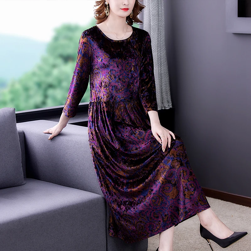 

Осеннее элегантное бархатное платье миди с цветочным рисунком, весеннее винтажное корейское платье-макси с длинным рукавом, модель 2023 года, женское повседневное офисное платье