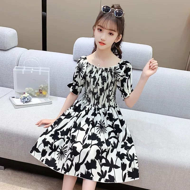 

Хлопковые Платья с цветочным принтом для девочек, новинка 2021, летнее платье принцессы до колен с пышными рукавами и квадратным вырезом, одеж...