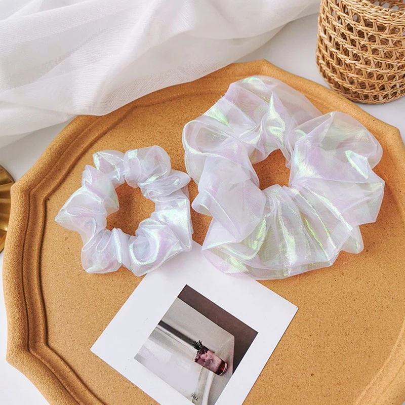 

Hair Rope Rings Elastic Hair Bands Rubber Reflective Laser Shiny Scrunchie White Organza Hair Ring Tie Hair Accessories Hairband