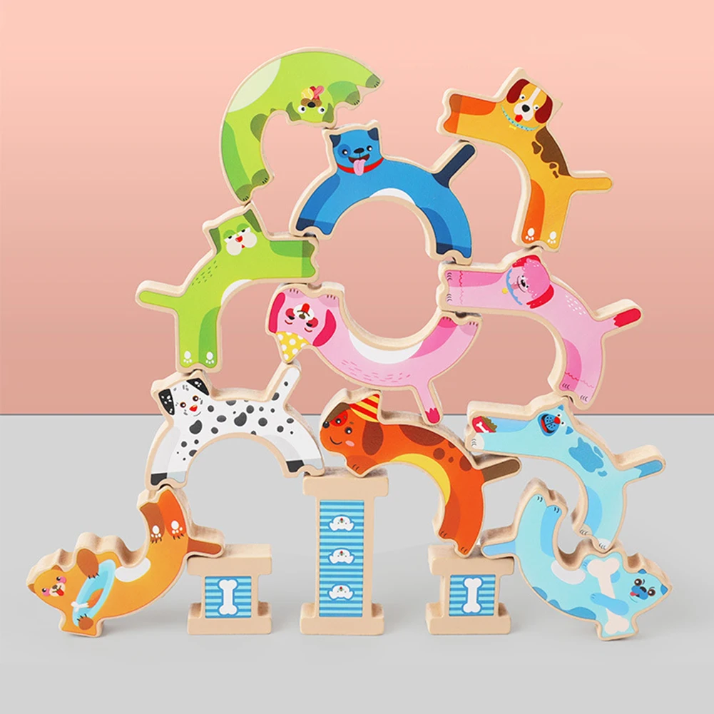 

Wooden Montessori Stacked High Building Blocks Animal Puppy Balance Puzzle Blocks Stacking Game Children Early Educational Toys