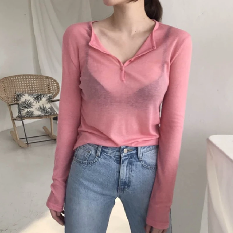 

2018 New Autumn High QualityT Shirt Women Cotton Basic T-shirts Female Casual Tops Long Sleeve Sexy Thin T-shirt see through