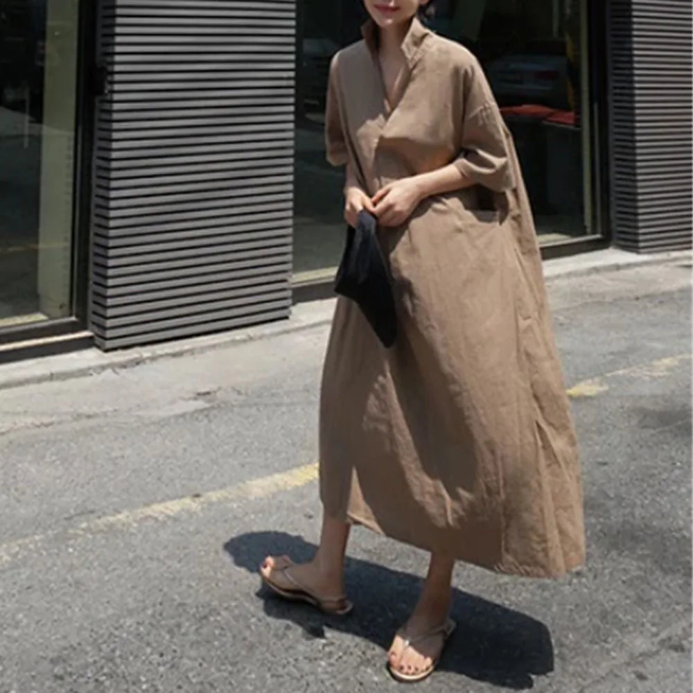 

Nice Pop Summer Solid Color Cotton Linen Women's Dress Japanese Style Fashion Casual Loose Pocket V-neck Simplicity