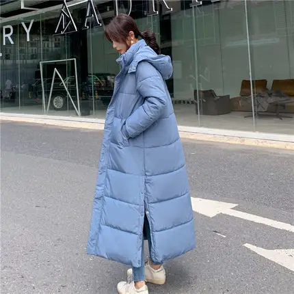 Blue Высококачественная Женская парка с капюшоном, зимняя куртка для женщин, модное длинное пальто, плотное теплое хлопковое Стеганое пальто, Свободное пальто большого размера - Цвет: Blue