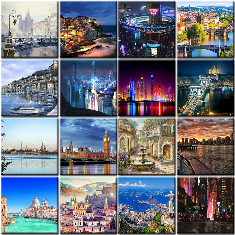 Фон с изображением ночного города картина маслом по номерам пейзаж раскраска Diy