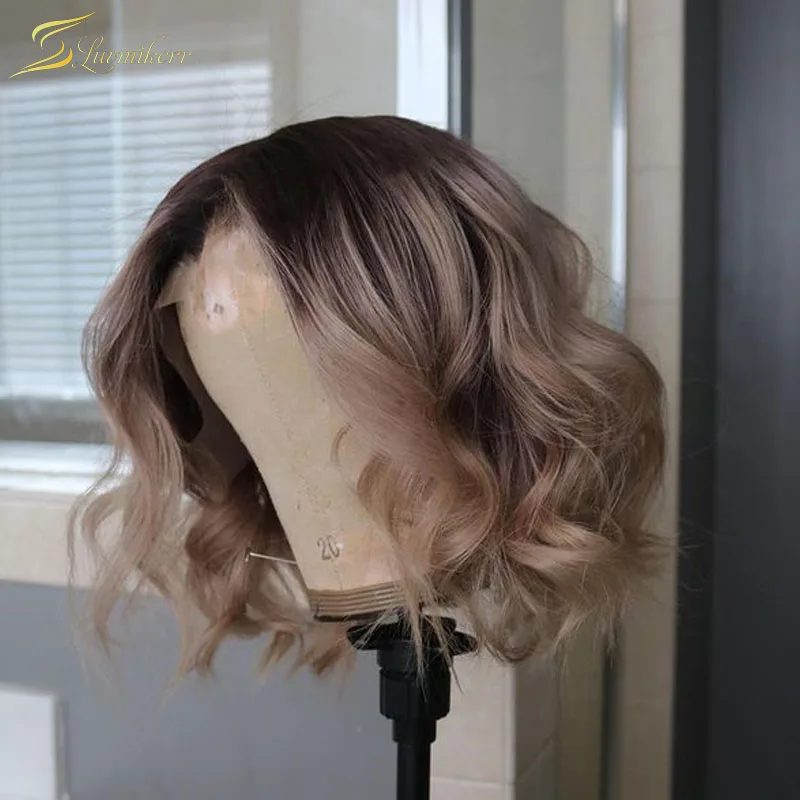 

Short Bob Wavy HD Transparent 13X6 Lace Front Wig Preplucked 613 Honey Blonde Colored ombre Human Hair Wigs Blunt Cut Brazilian
